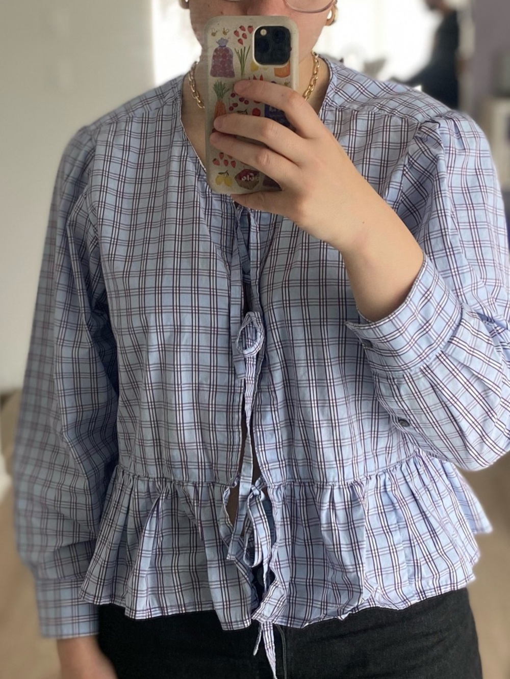 Upcycled checkered shirt to Tie blouse